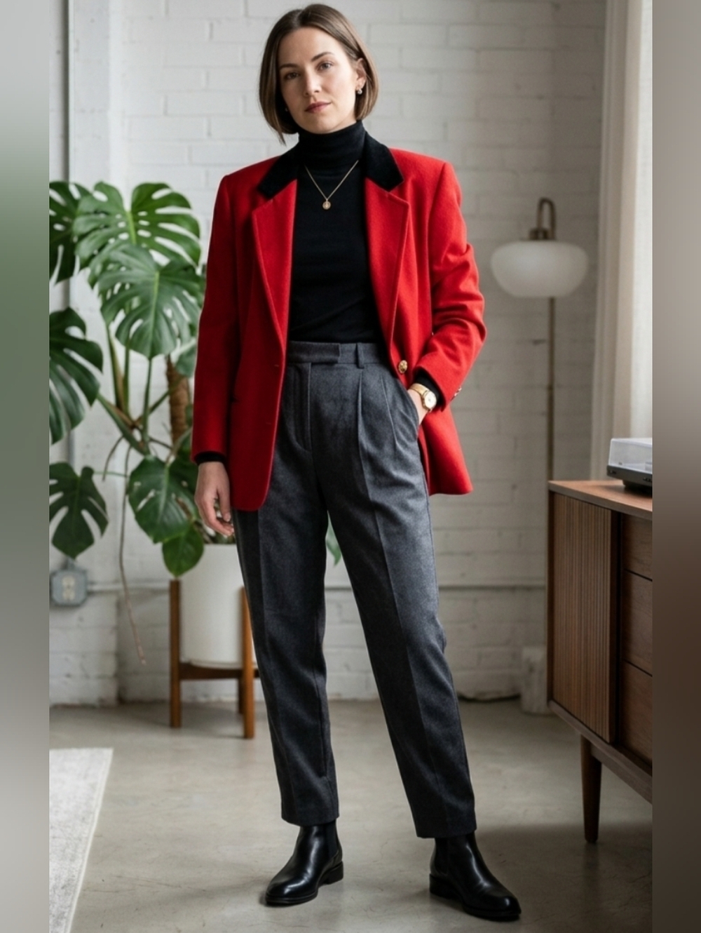 Sag Harbor Vintage 90's Red 100% Pure Wool Blazer with Black Collar Size 12